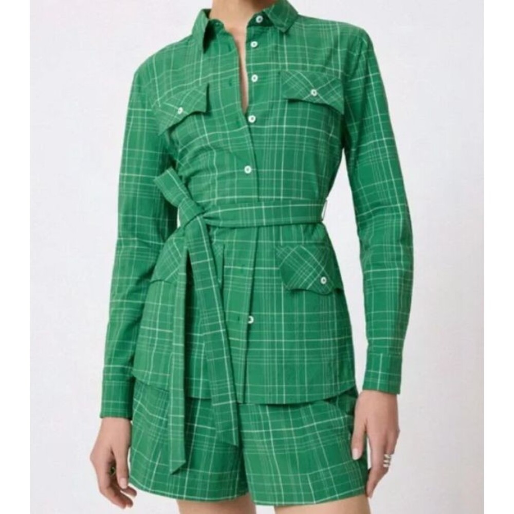 Pearl By Lela Rose Seersucker Plaid Top Women's Green Size Large